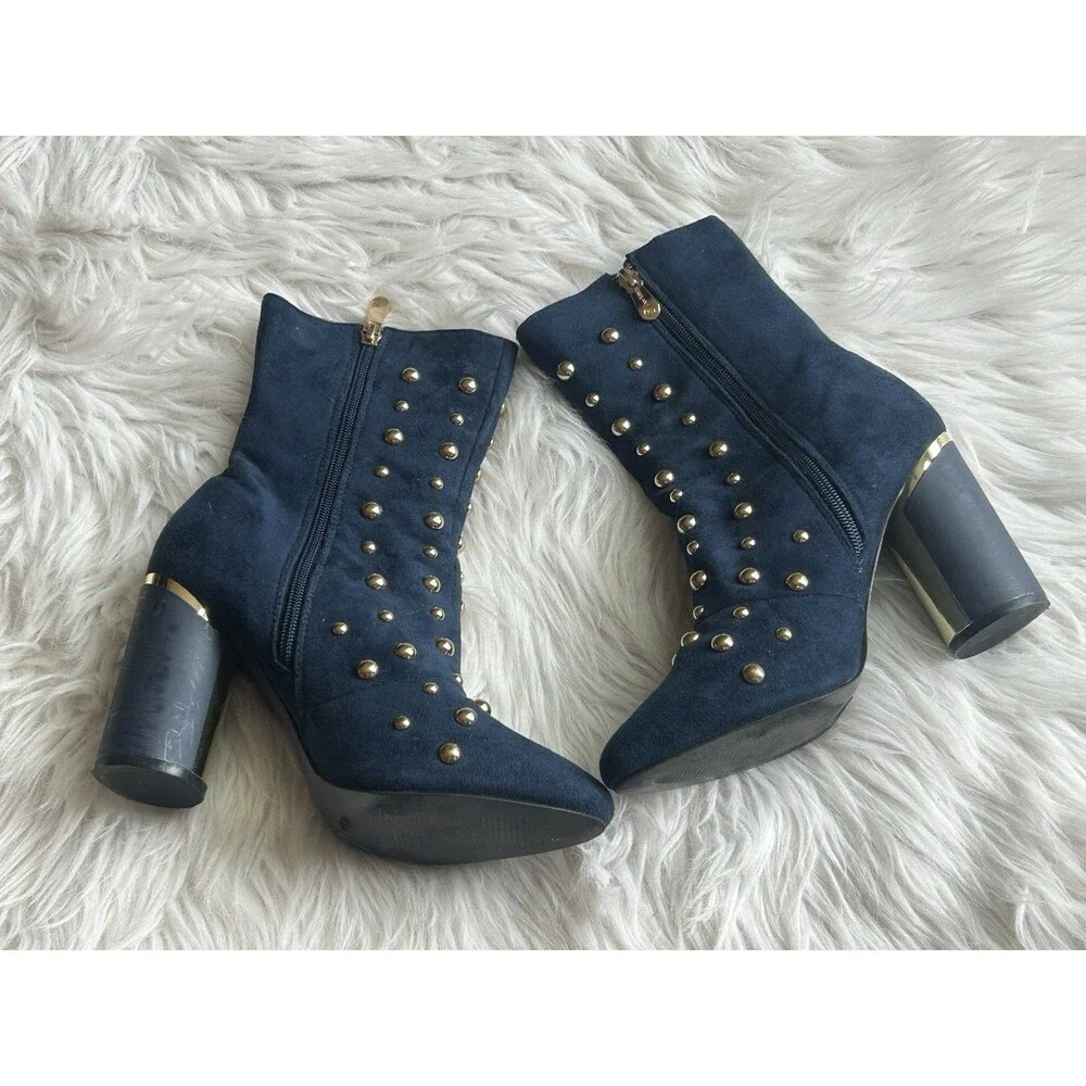 Cape Robbin Women's Size 8.5 Navy Blue Gold Studded Heel Boots Booties